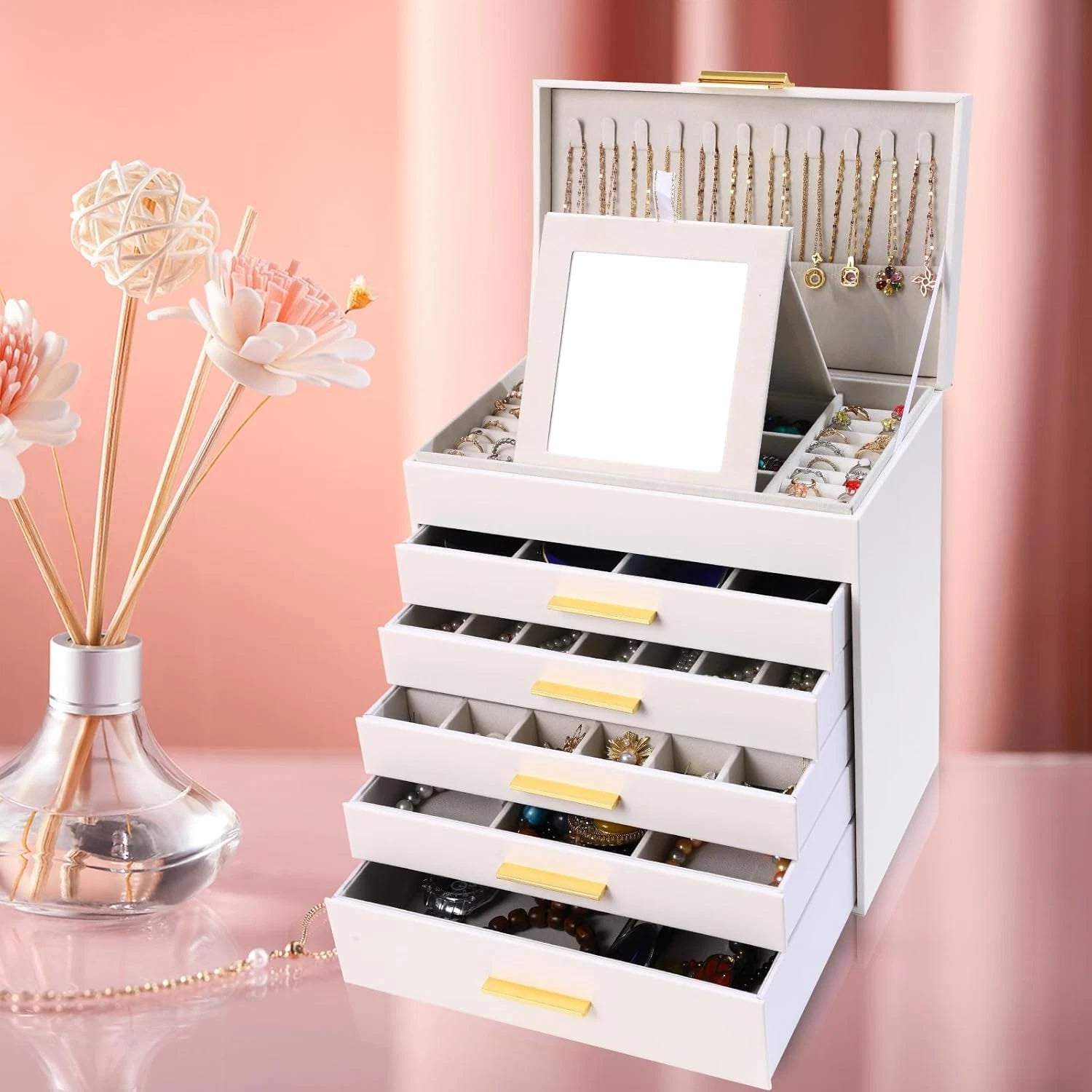 6 Layer Jewelry Box for Women, White Jewelry Organizer Box with Necklace Hanger, | eBay