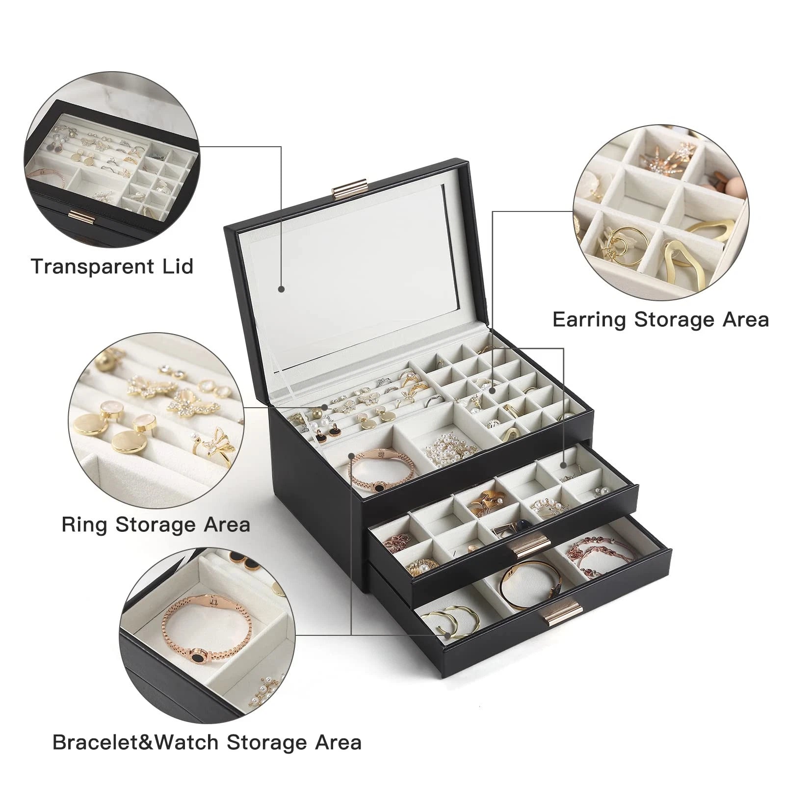 Jewelry Box for Women, 3 Layer Double Drawer Jewelry Organizer Glass Lid, Lar... | eBay