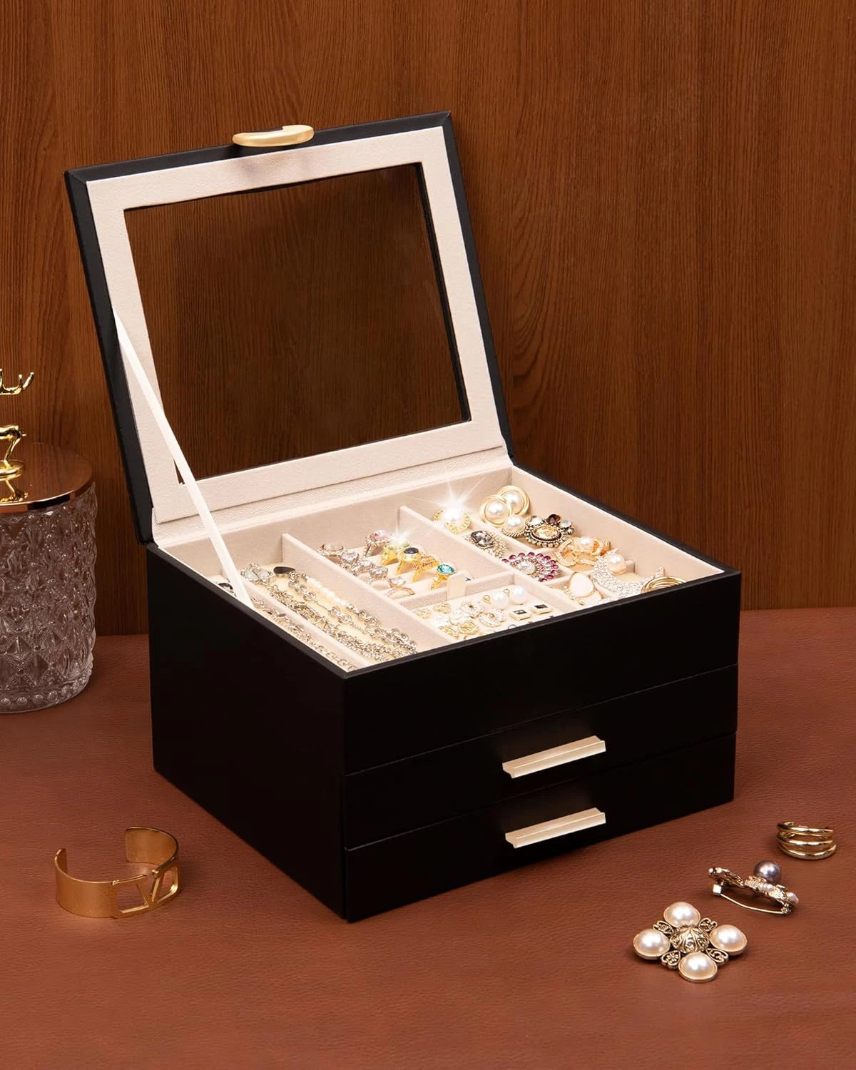 3-Layer Jewelry Box,2 Drawers Jewelry Organizer with Glass Lid,Jewelry Storage f | eBay