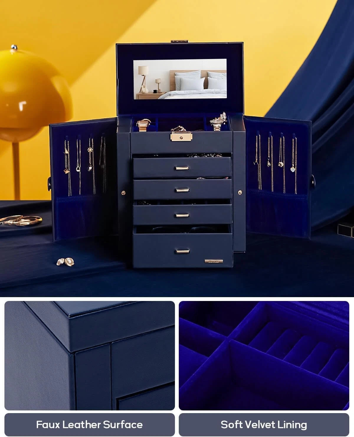 Elegant Lockable Jewelry Box - Large Capacity Organizer with Mirror in Dark Blue | eBay