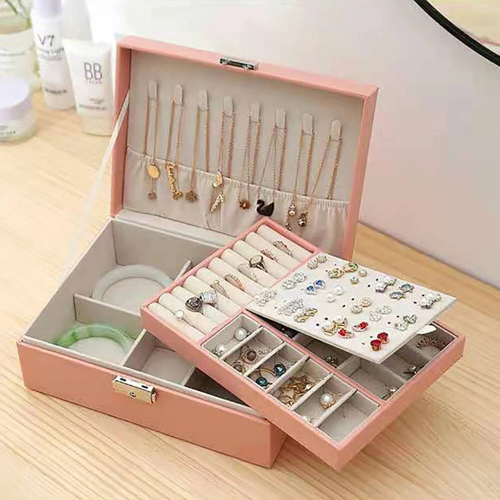 2-layer Storage Box Pink pu Leather Exquisite Jewelry Box For Necklaces Rings US | eBay