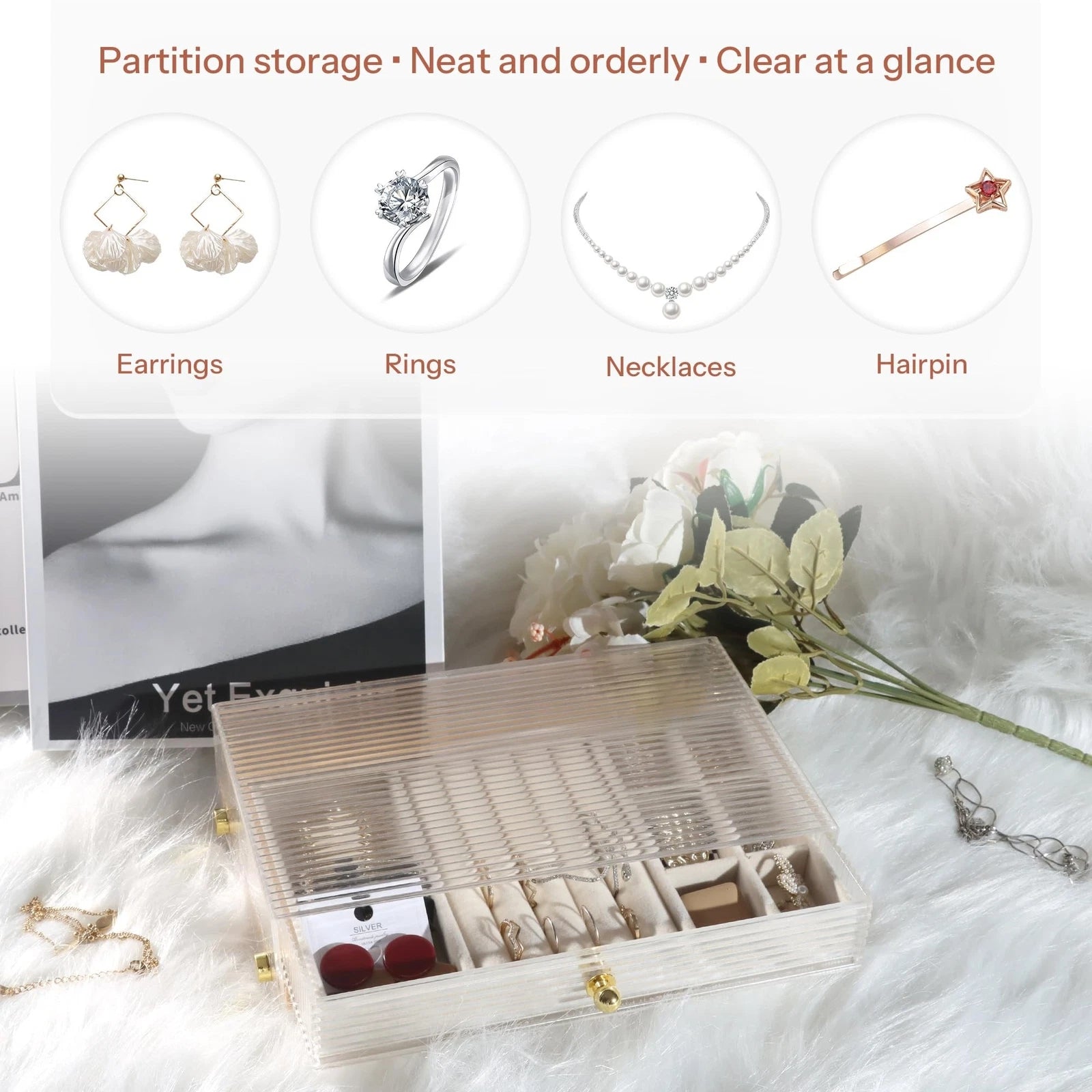 Acrylic Jewelry Box & Organizer with Wavy Look Design with Pine Wood Dividers... | eBay