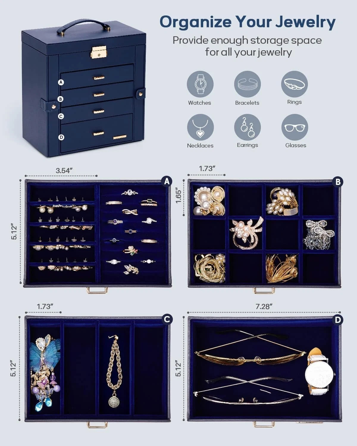 Elegant Lockable Jewelry Box - Large Capacity Organizer with Mirror in Dark Blue | eBay