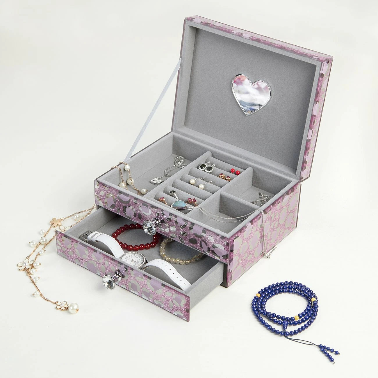 Jewelry Box Organizer Glass Storage Case for Women/Men Pink Leopard 2 Layers | eBay