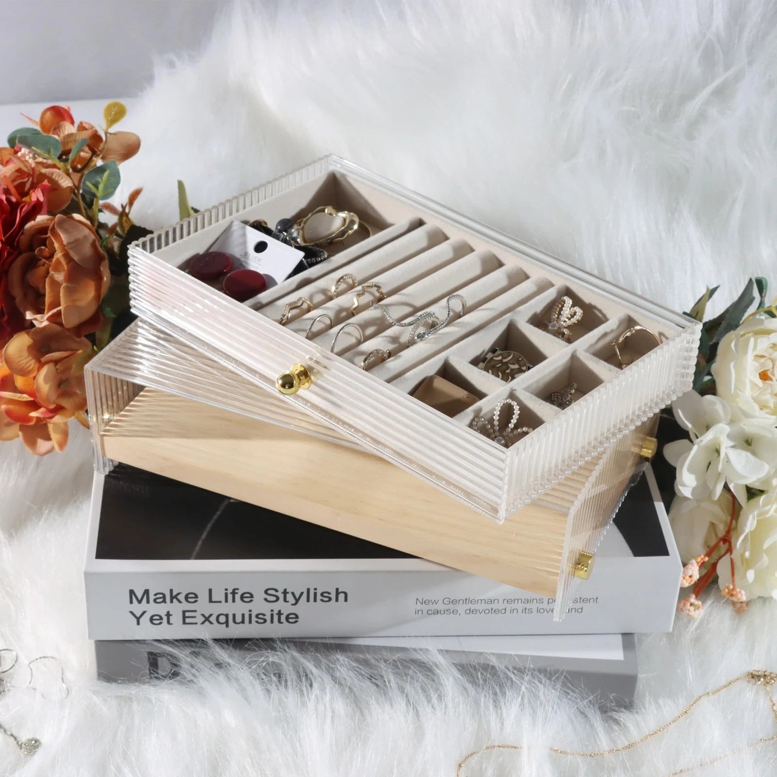 Acrylic Jewelry Box & Organizer with Wavy Look Design with Pine Wood Dividers... | eBay