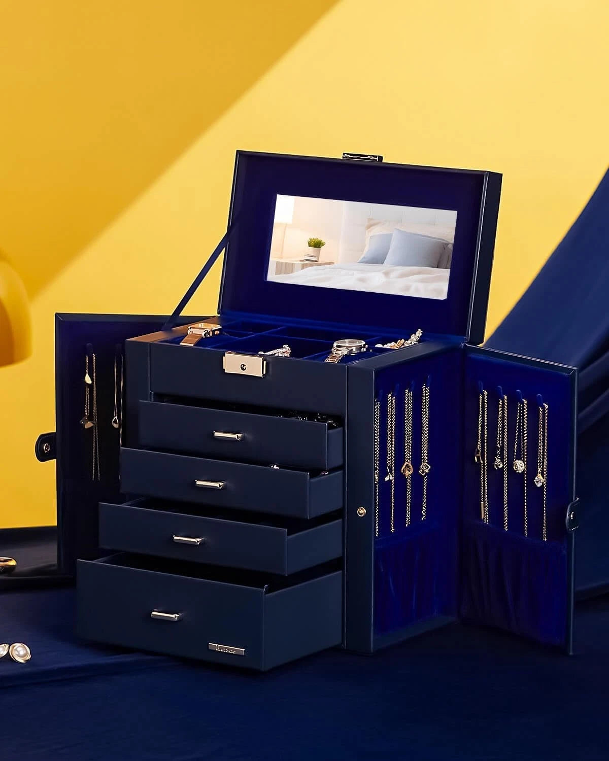 Elegant Lockable Jewelry Box - Large Capacity Organizer with Mirror in Dark Blue | eBay