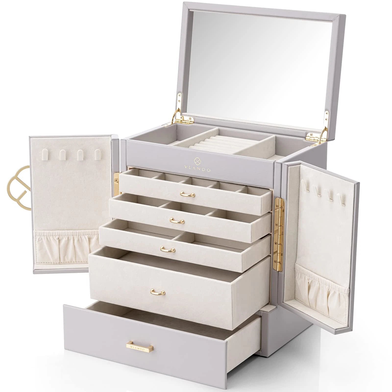 Vlando Large Jewelry Organizer Box 5-Layer Jewelry Storage Box with Mirror & ... | eBay
