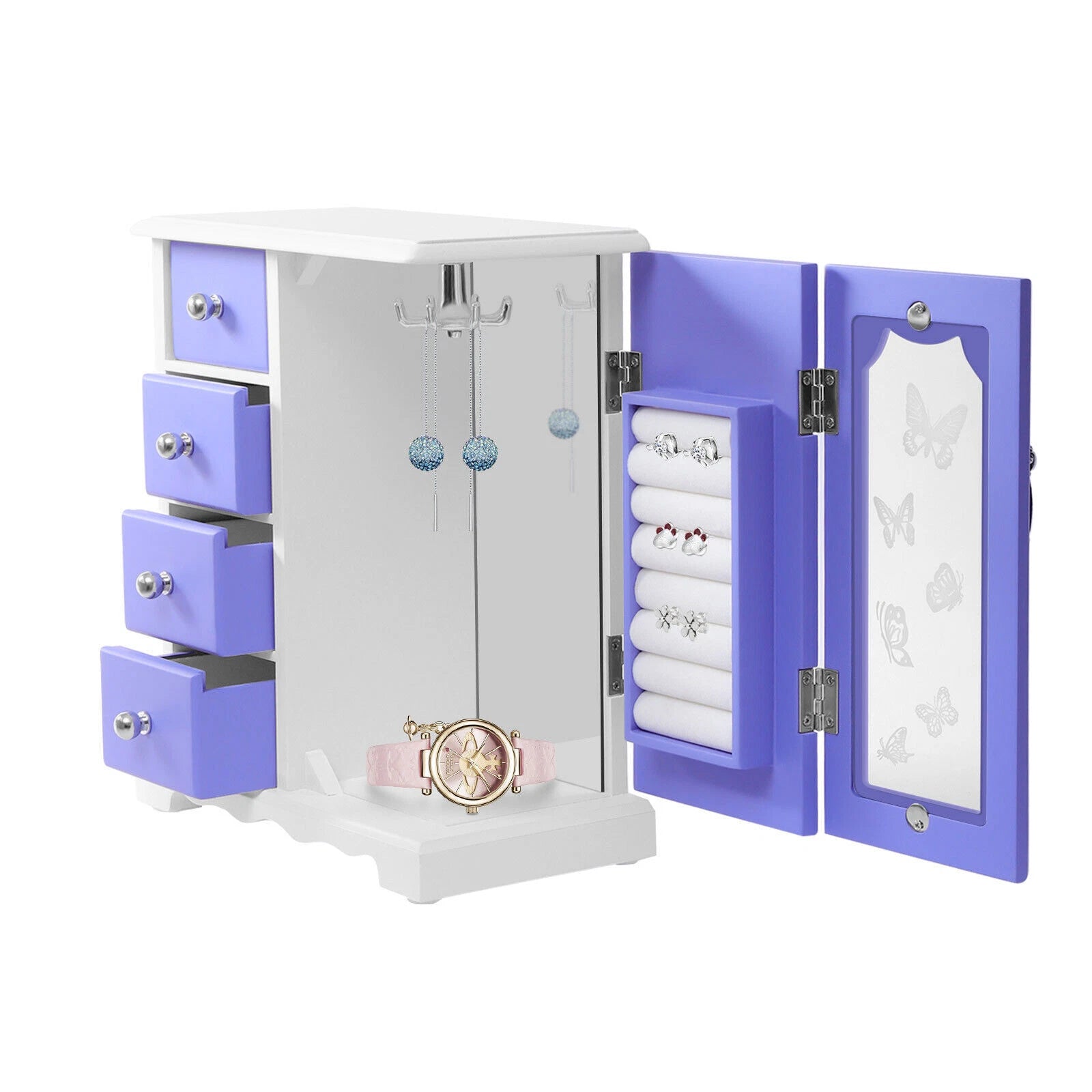Double Door Built-in Mirror Purple Butterfly Jewelry Box with 4Drawers Organizer | eBay