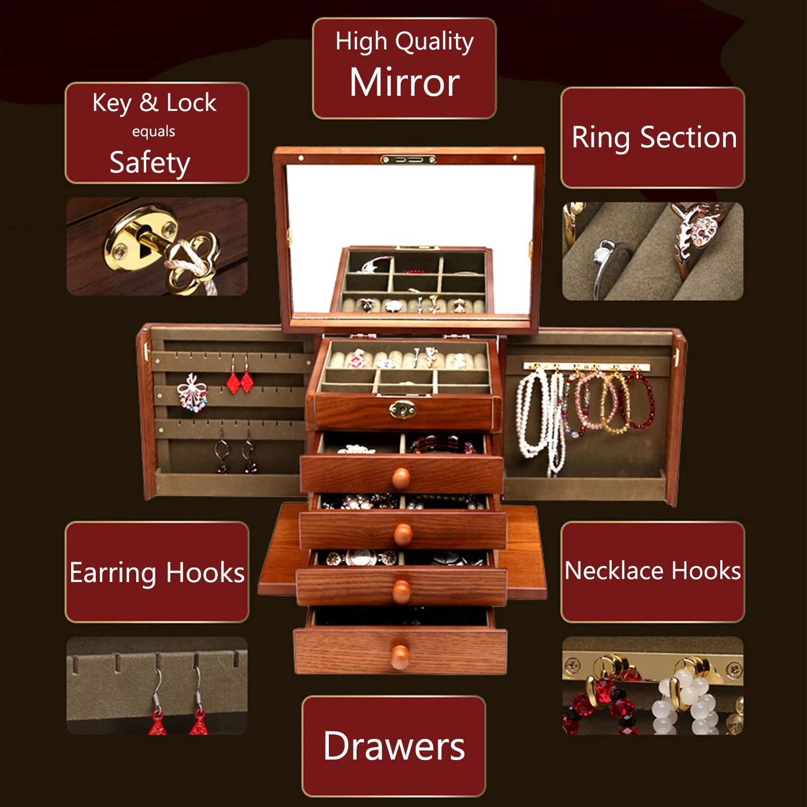 Changsuo Wooden Jewelry Box for Women, Solid Wood Organizer with Combo Lock f... | eBay
