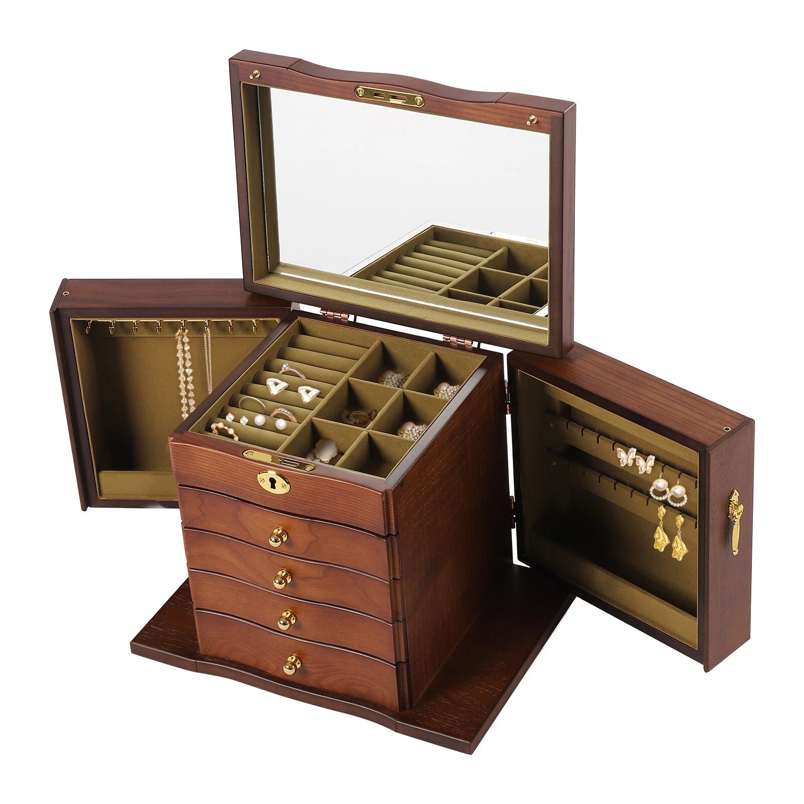 Wooden Large 4 Drawers 5 - Layer Jewelry Box Fit Wowen With Mirror Organizer Box | eBay