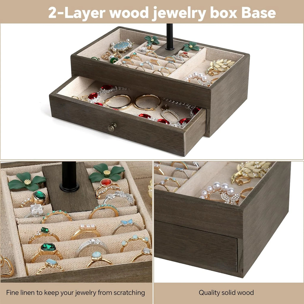 Jewelry Organizer Stand, 3-Tier Necklace Holder Jewelry Tree with Wooden Storage | eBay