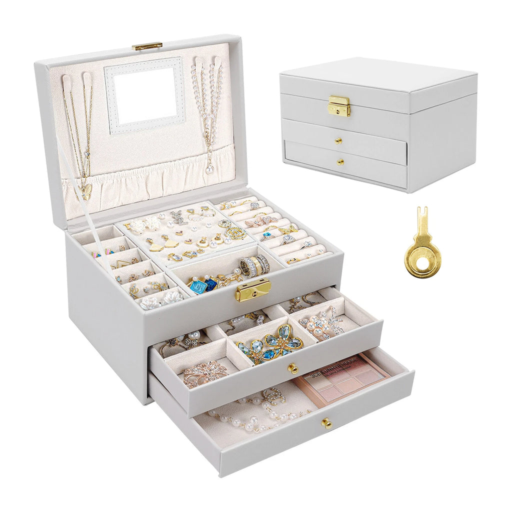 Leather Ring & Necklace Storage Box - 3 Compartments w/Mirror | eBay