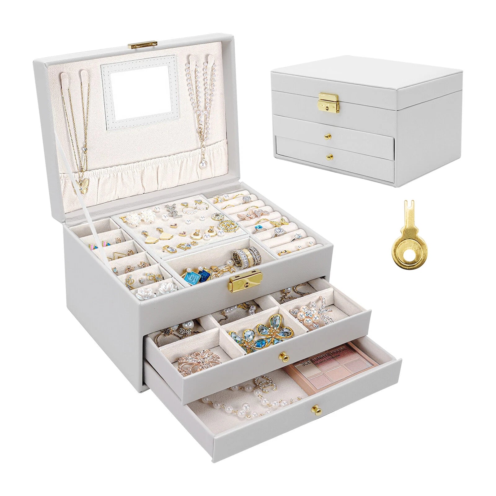 Leather Ring & Necklace Storage Box - 3 Compartments w/Mirror | eBay