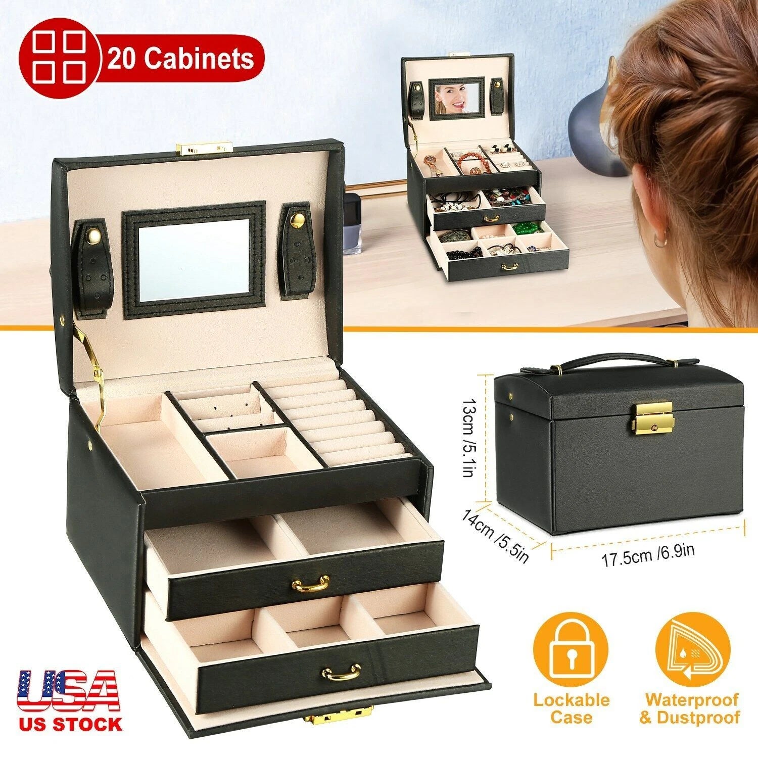 Jewelry Box w/ Mirror Lady Gift Storage Earrings Necklaces Watch Case Organizer | eBay