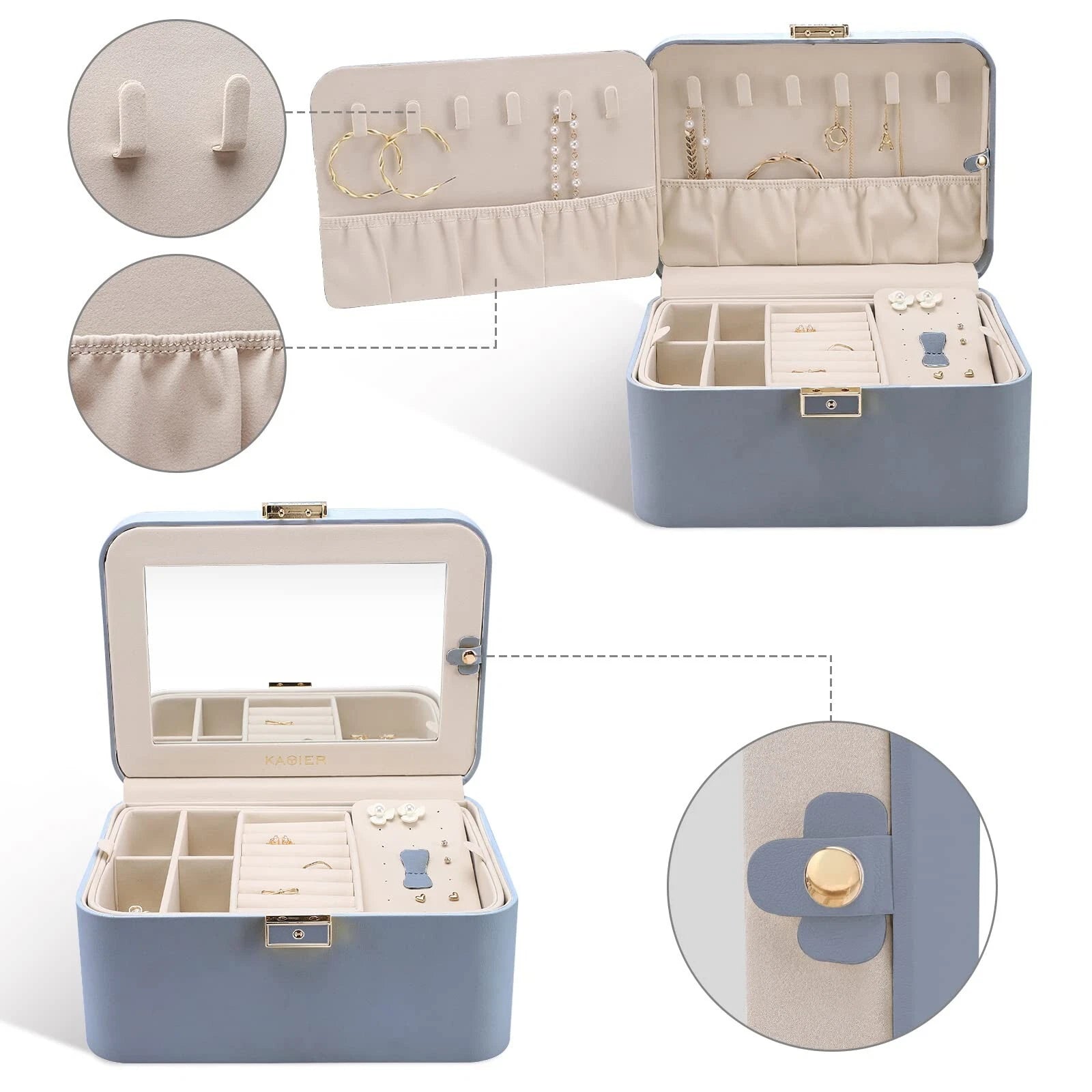 KAMIER Jewelry Organizer Box, 2 Layers PU Leather, Large Capacity, Double Loc... | eBay
