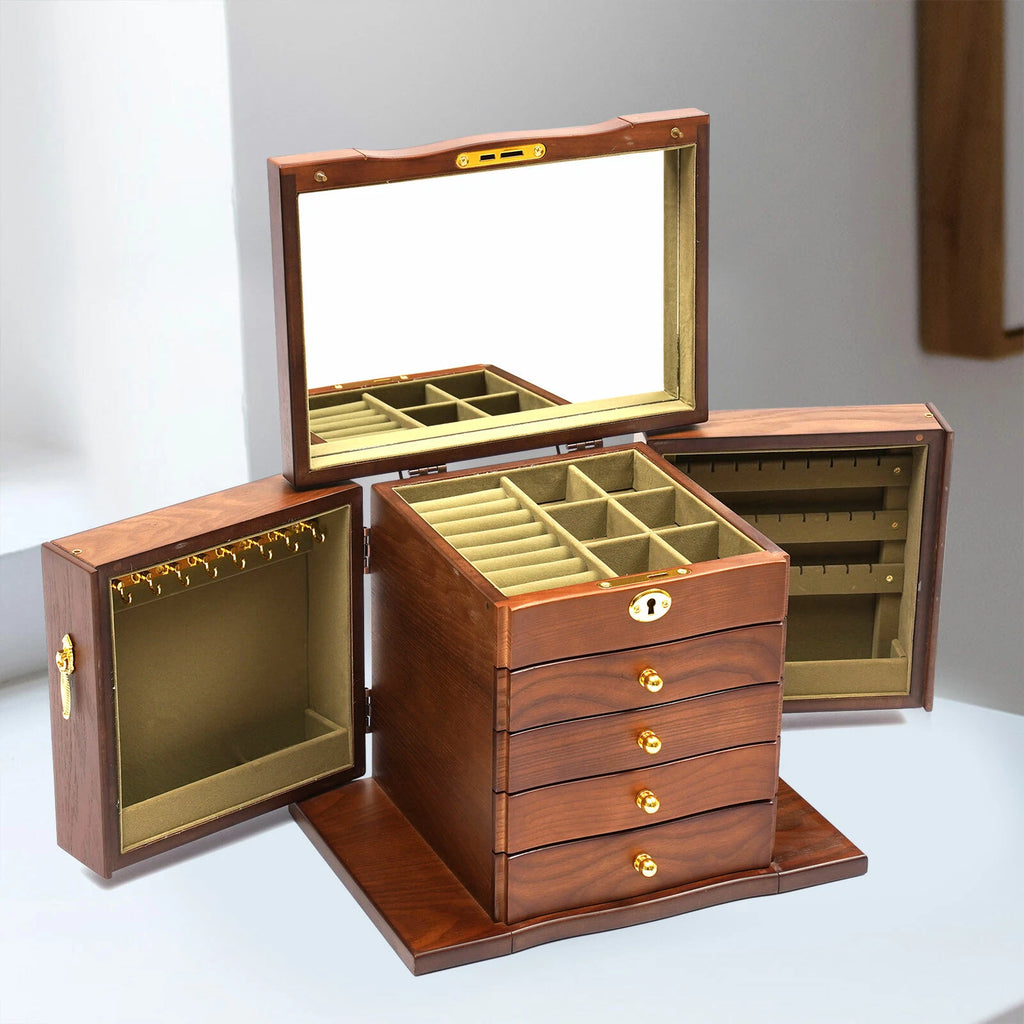 Large Wooden Jewelry Organizer Box, 5-Layer 4 Drawers Jewelry Box With Mirror | eBay
