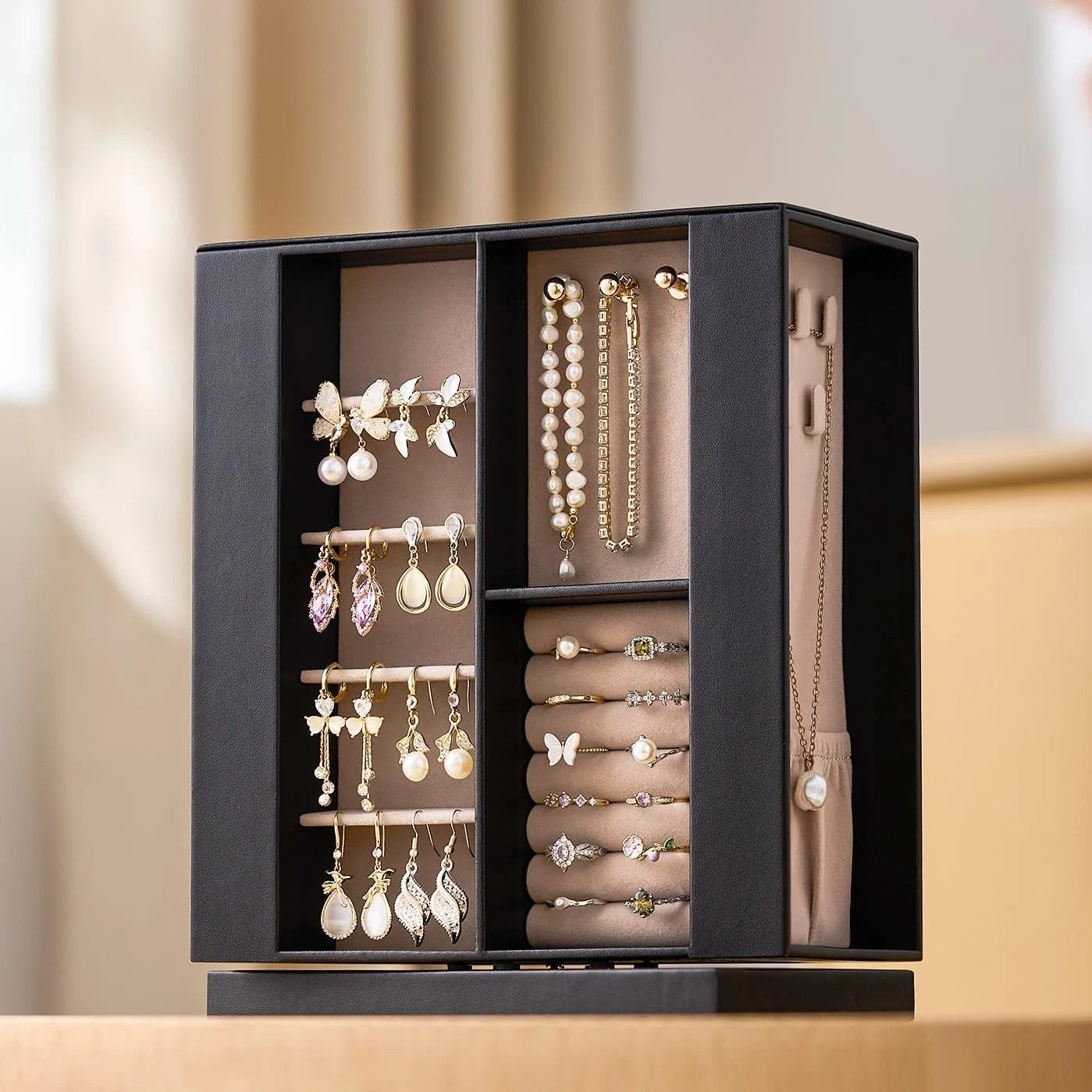Jewelry Box Organizer for Women: 360 Rotating Vertical Storage Case, Black Le... | eBay