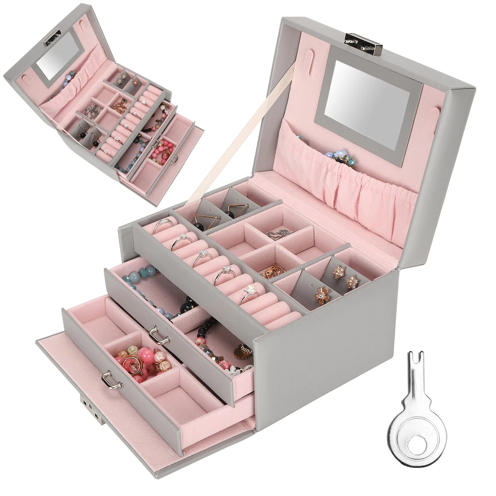 Three Layer Jewelry Storage Box PU Leather Necklace Rings Earrings Holder Or DGD | eBay