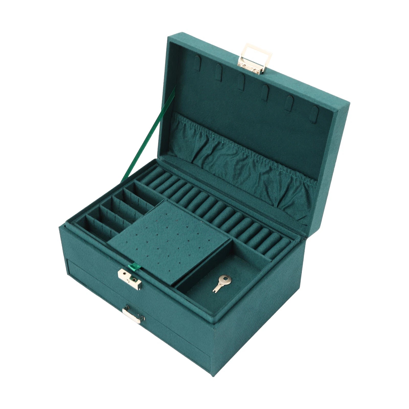 Large Jewelry Box w/ Lock Flannel Jewelry Ring Organizer Case Dark Green 3-Layer | eBay
