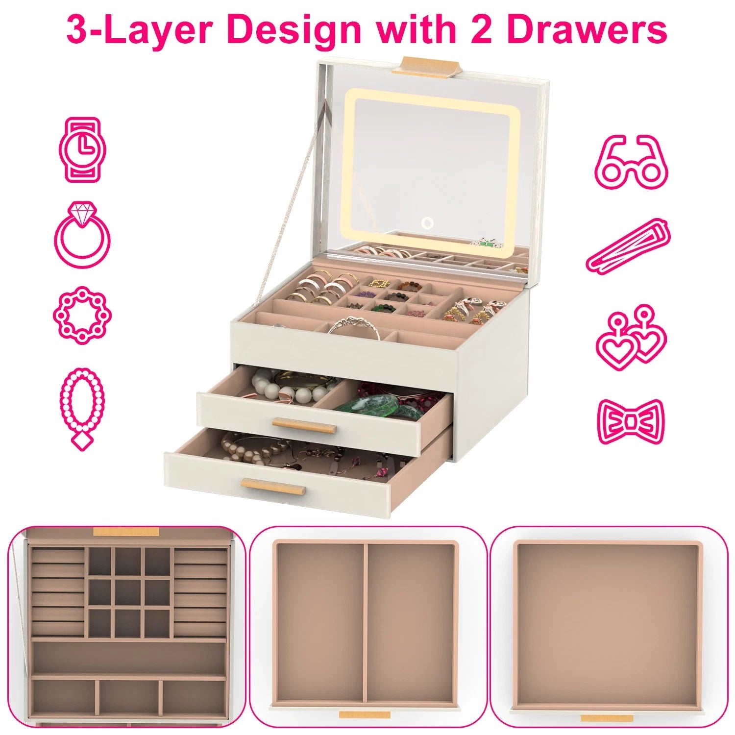 3-Layer Jewelry Box w/ LED Mirror - Leather Storage Case 3 Color Dimmable Lights | eBay