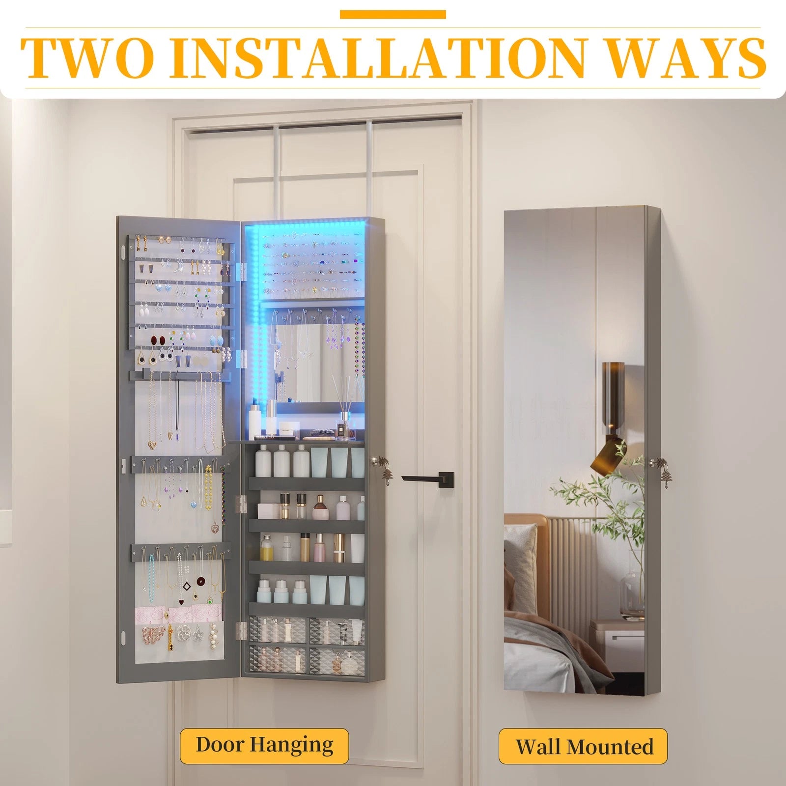LED Jewelry Cabinet, Wall Mounted Jewelry Organizer with Full Length Mirror | eBay