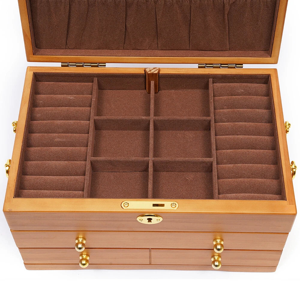 Large Wood Jewelry Boxes Wooden Storage Box without Mirror 3-Layer Lockable Desk | eBay