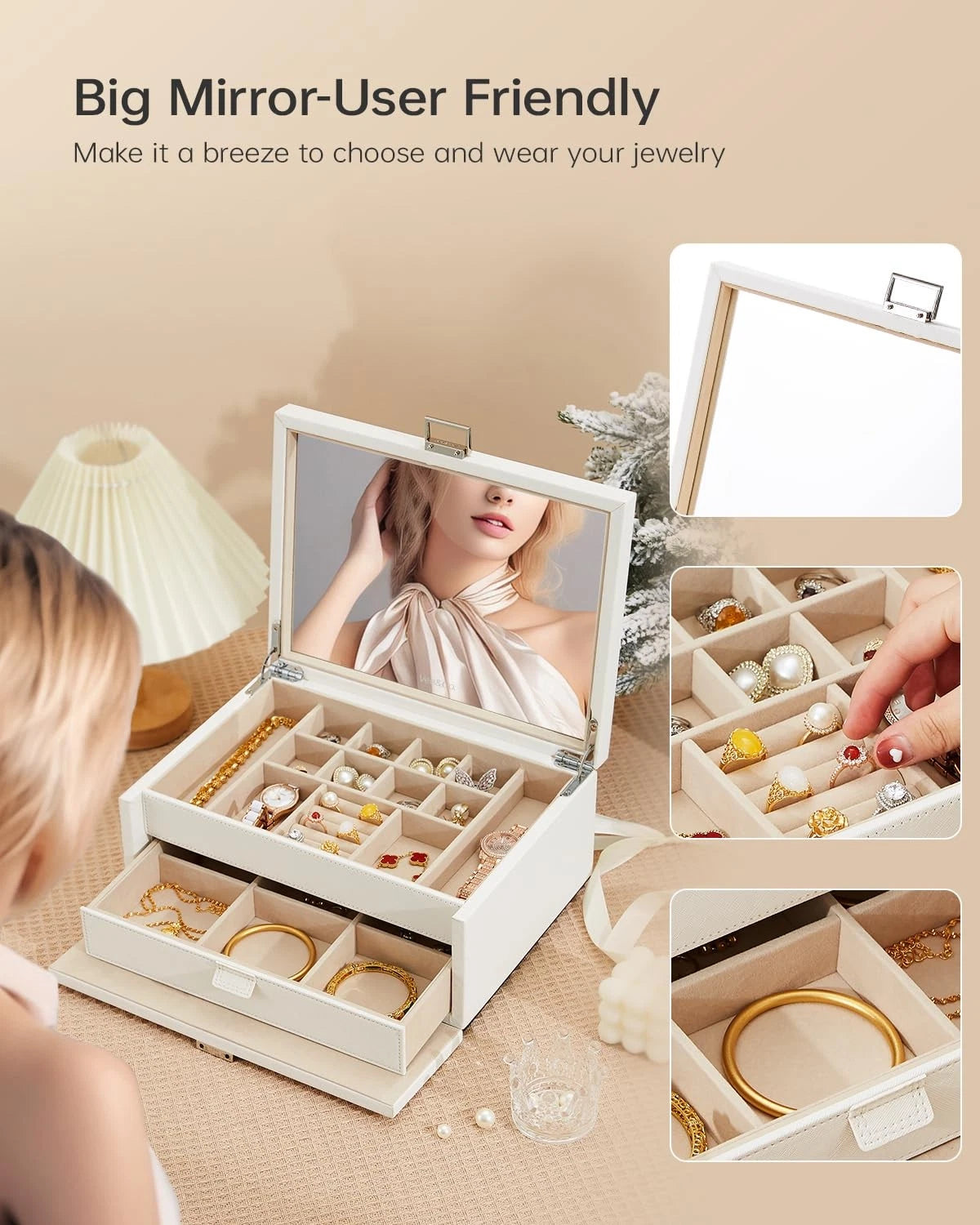 Vee Jewelry Box with Lid,2-Layer Jewelry Organizer with big Mirror, PU Leathe... | eBay