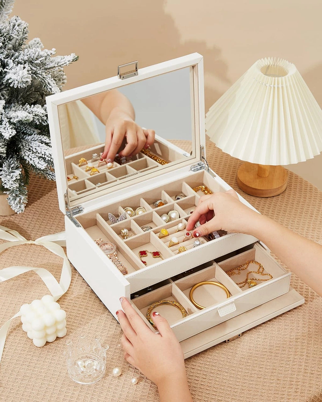 Vee Jewelry Box with Lid,2-Layer Jewelry Organizer with big Mirror, PU Leathe... | eBay