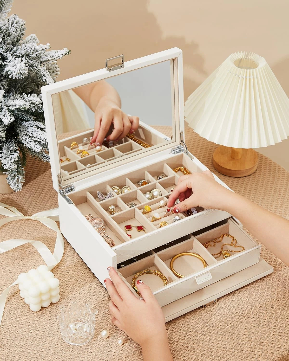 Vee Jewelry Box with Lid,2-Layer Jewelry Organizer with big Mirror, PU Leathe... | eBay