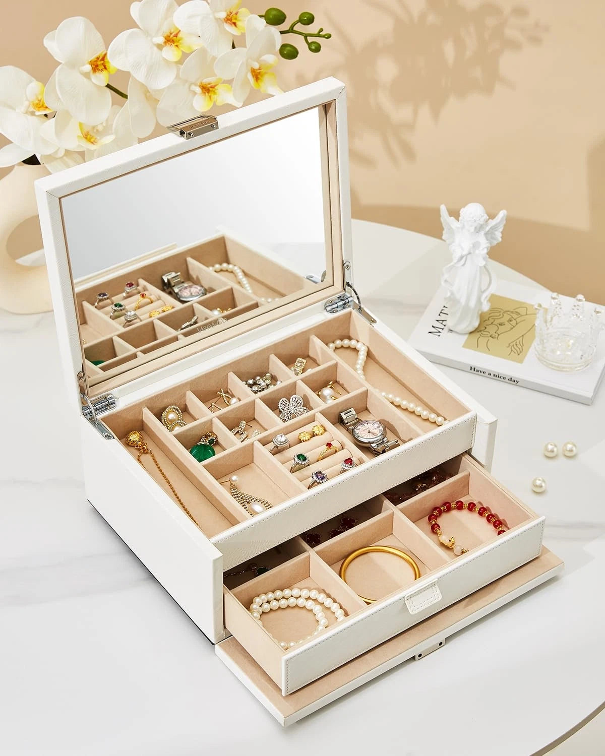 Vee Jewelry Box with Lid,2-Layer Jewelry Organizer with big Mirror, PU Leathe... | eBay