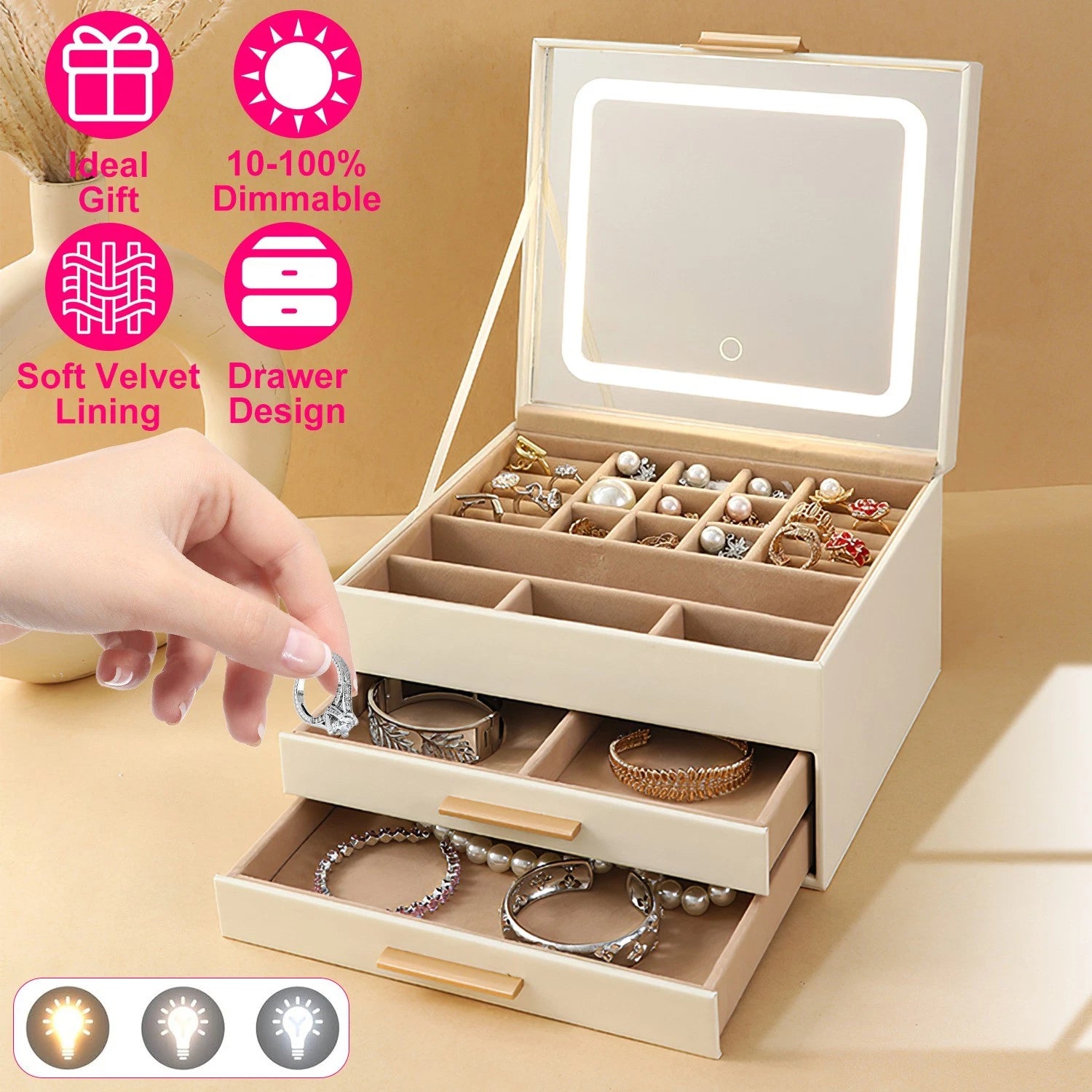 3-Layer Jewelry Box w/ LED Mirror - Leather Storage Case 3 Color Dimmable Lights | eBay