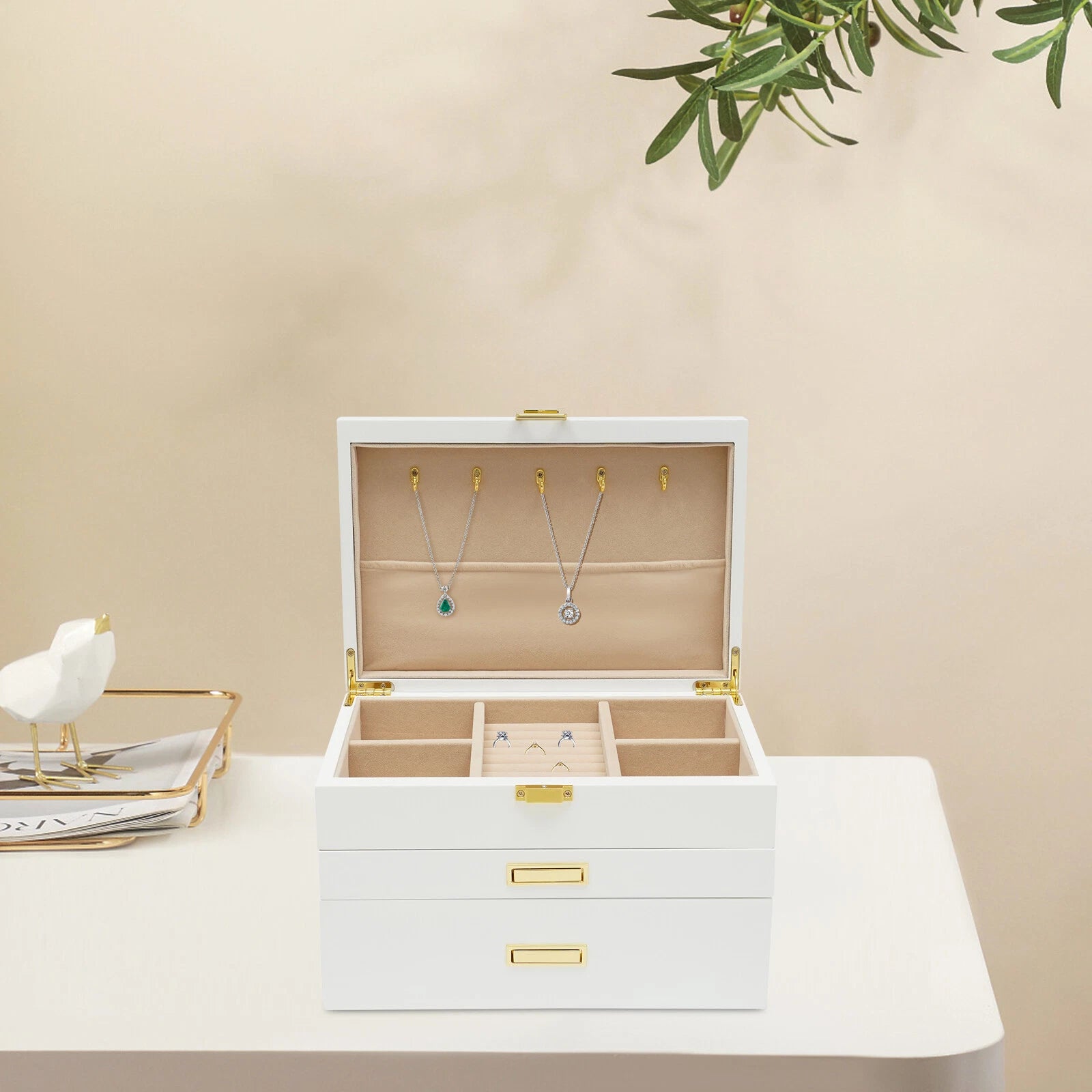 Large Wooden Jewelry Storage Box White 3 Layers Organizer 2 Drawers Cabinet 28CM | eBay