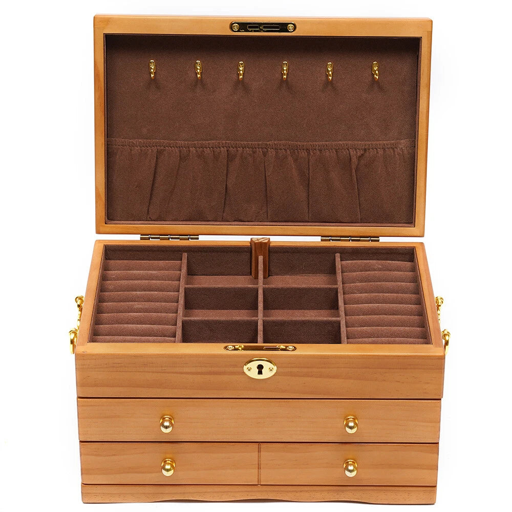 Large Wood Jewelry Boxes Wooden Storage Box without Mirror 3-Layer Lockable Desk | eBay