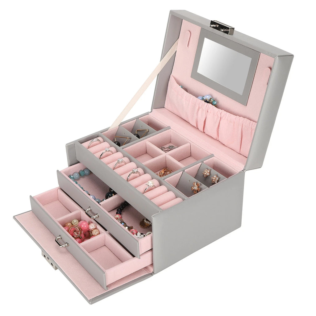 Three Layer Jewelry Storage Box PU Leather Necklace Rings Earrings Holder Or DGD | eBay