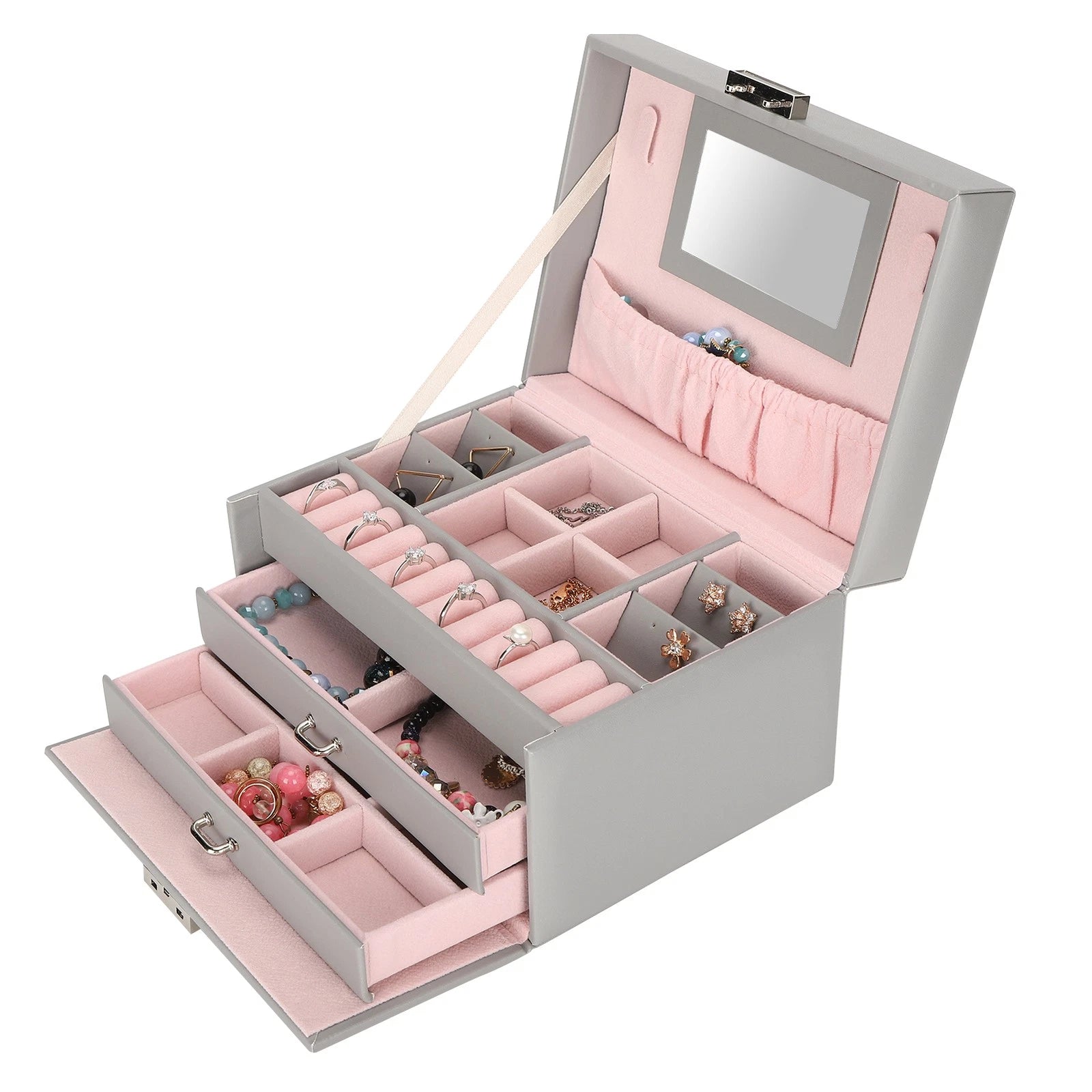 Three Layer Jewelry Storage Box PU Leather Necklace Rings Earrings Holder Or DGD | eBay