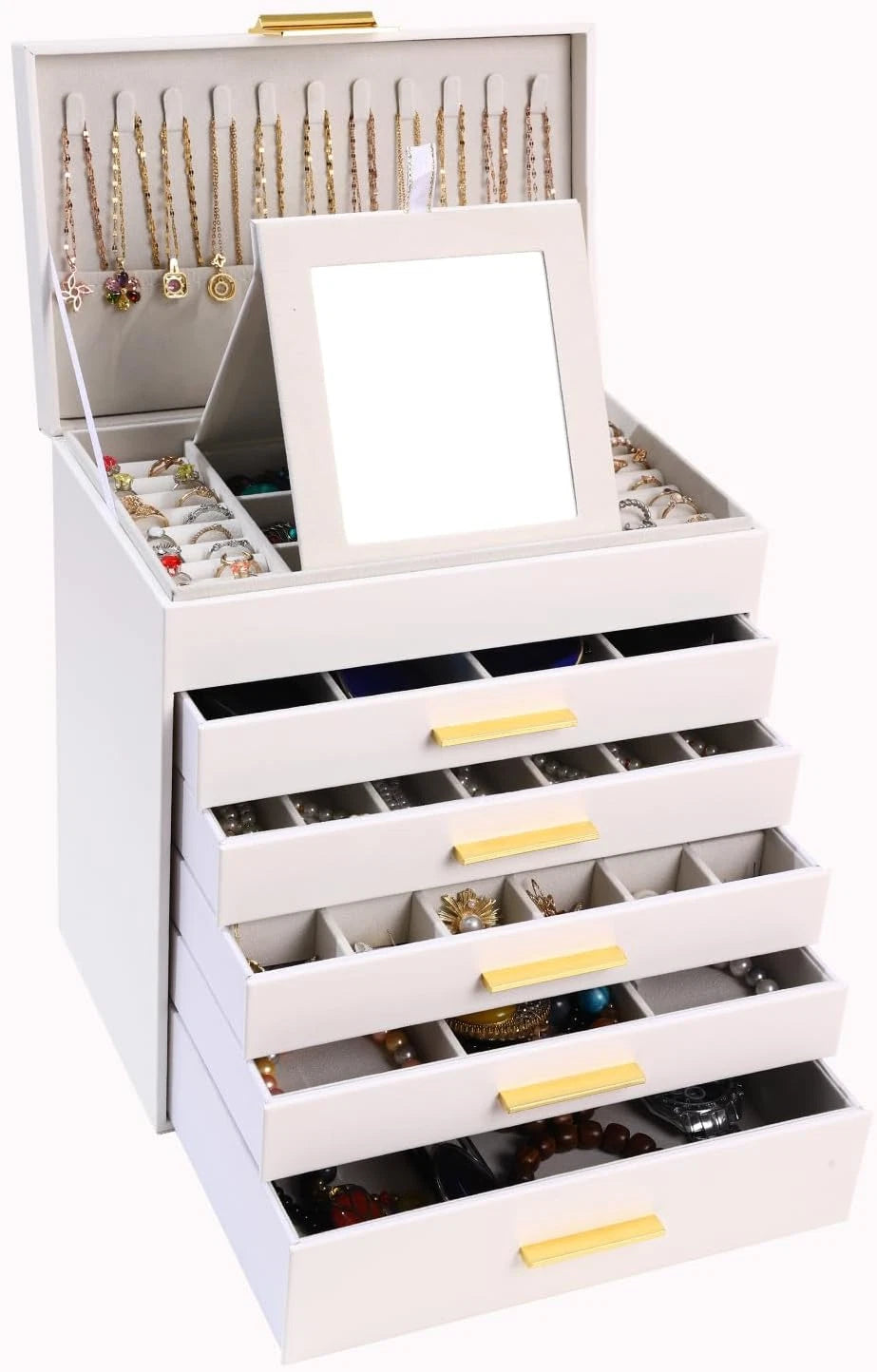 6 Layer Jewelry Box for Women, White Jewelry Organizer Box with Necklace Hanger, | eBay