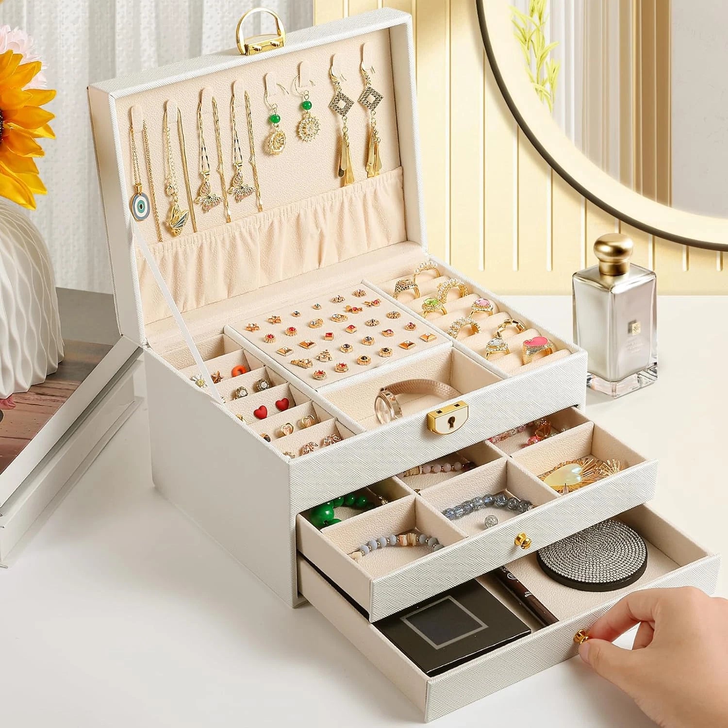 3 Layer Jewelry Box, Lockable Jewelry Holder Organizer with Jewelry | eBay