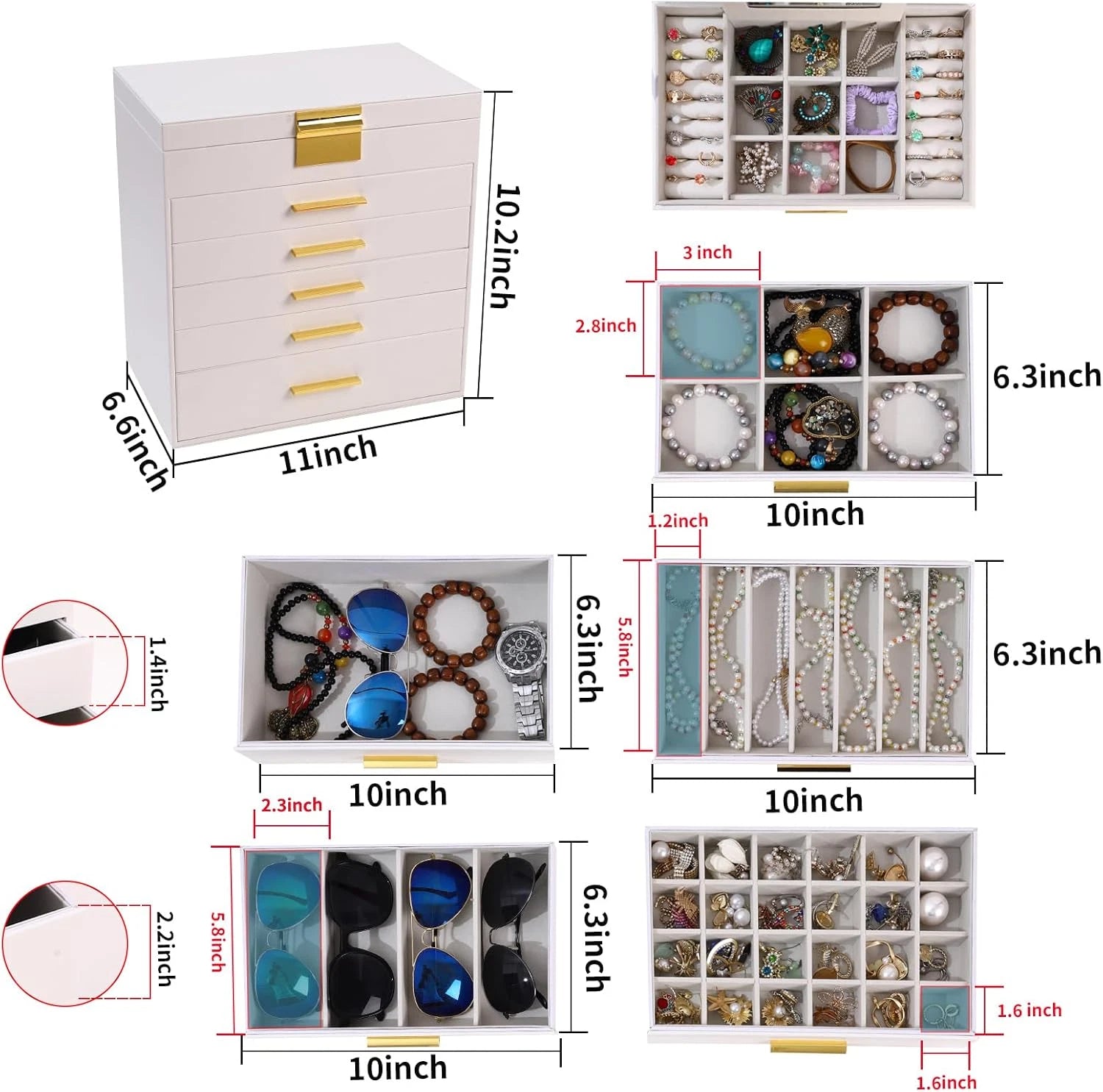 6 Layer Jewelry Box for Women, White Jewelry Organizer Box with Necklace Hanger, | eBay