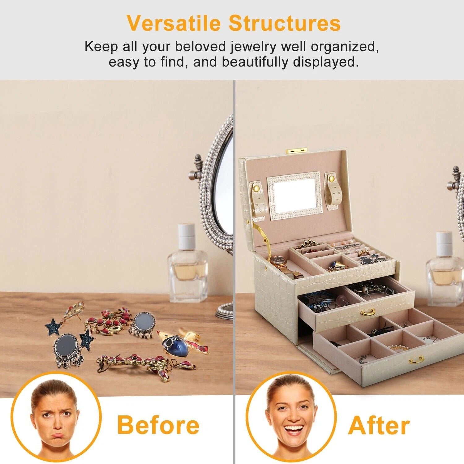 Jewelry Box w/ Mirror Lady Gift Storage Earrings Necklaces Watch Case Organizer | eBay