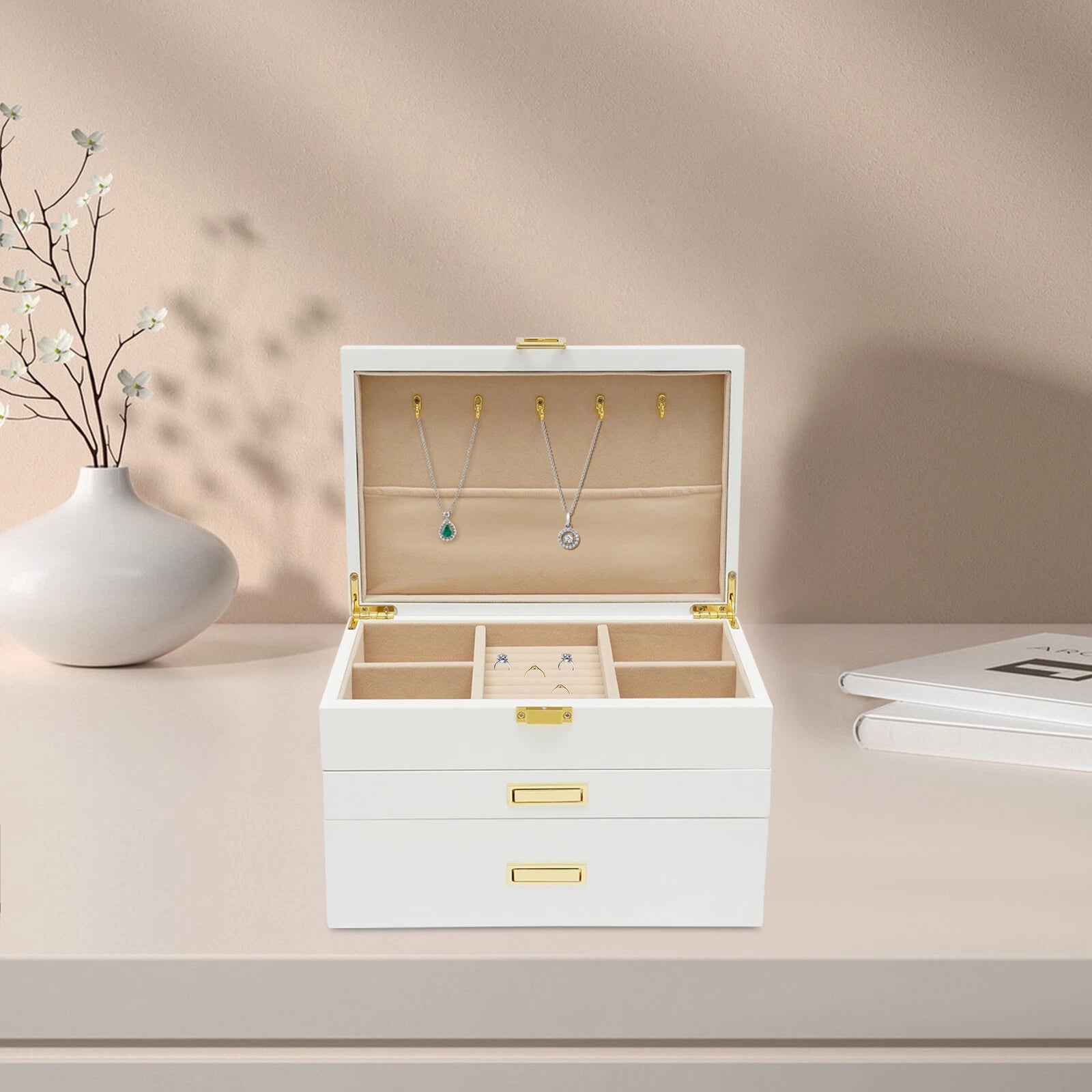 Large Wooden Jewelry Storage Box White 3 Layers Organizer 2 Drawers Cabinet 28CM | eBay