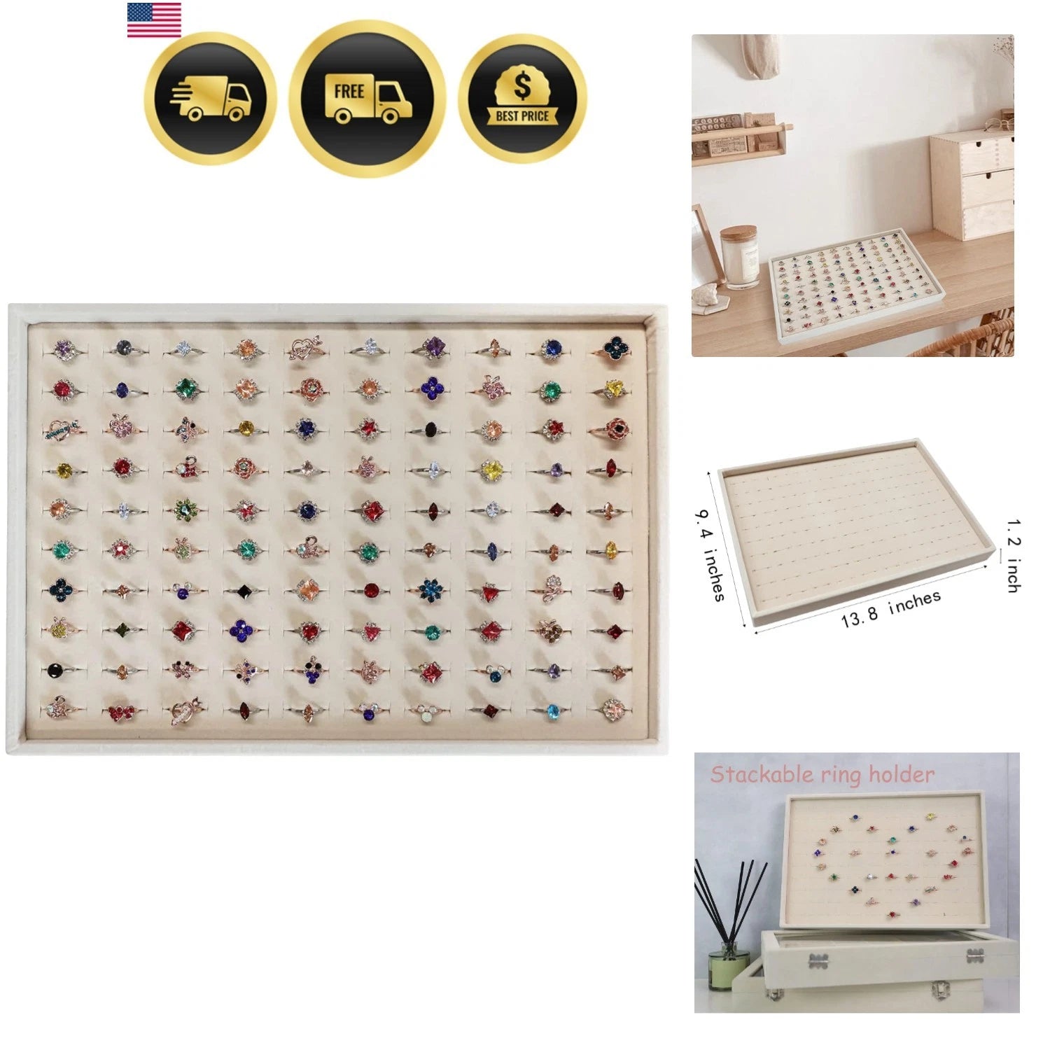 Jewelry Organizer Ring Tray Stackable Jewelry Storage Box Beige 100 Slots | eBay
