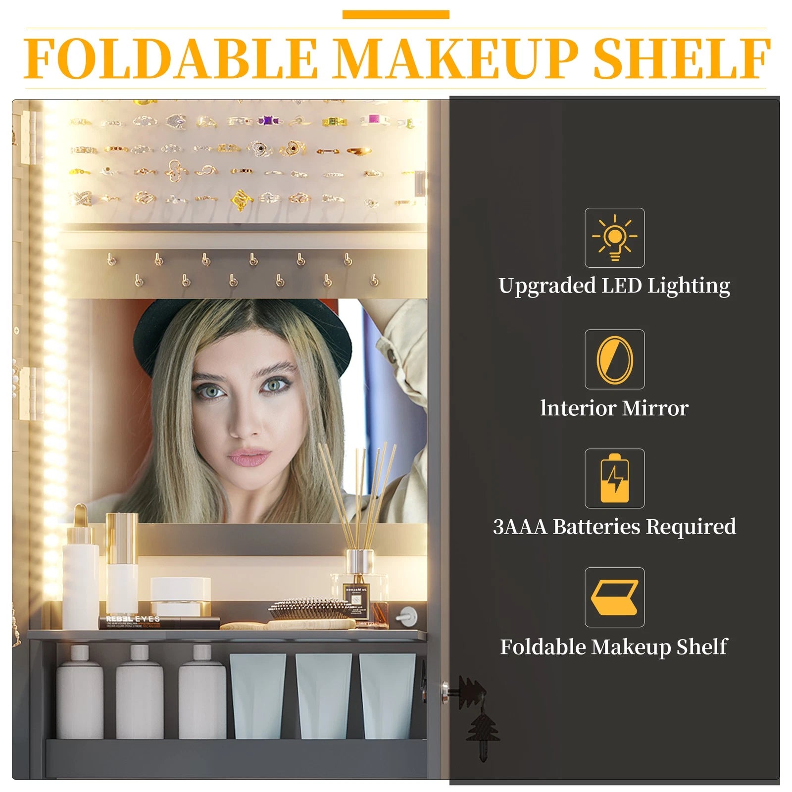 LED Jewelry Cabinet, Wall Mounted Jewelry Organizer with Full Length Mirror | eBay
