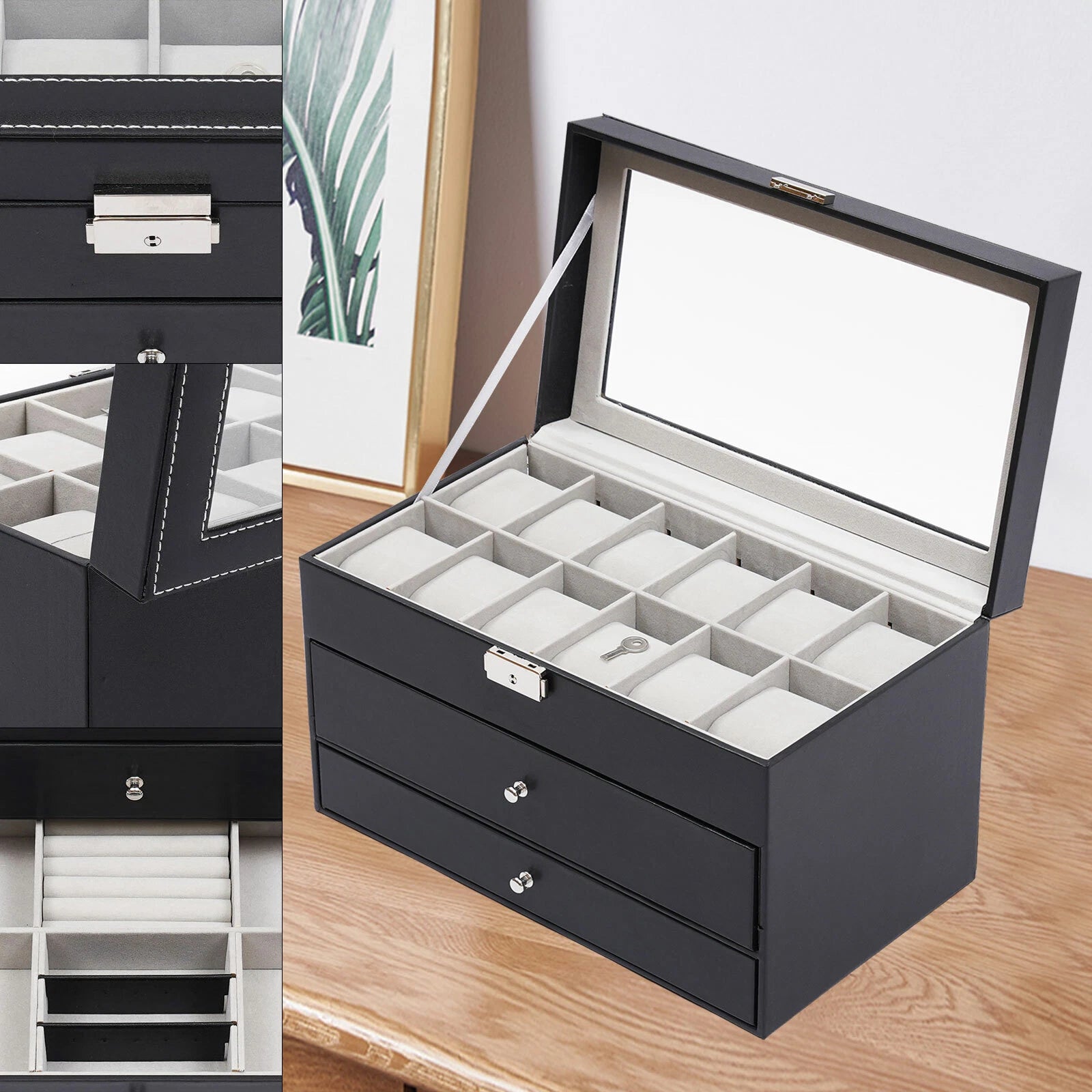 Watch Display Box&Jewelry Storage Case Multi-Purpose Organizer Box w/ Glass Top | eBay
