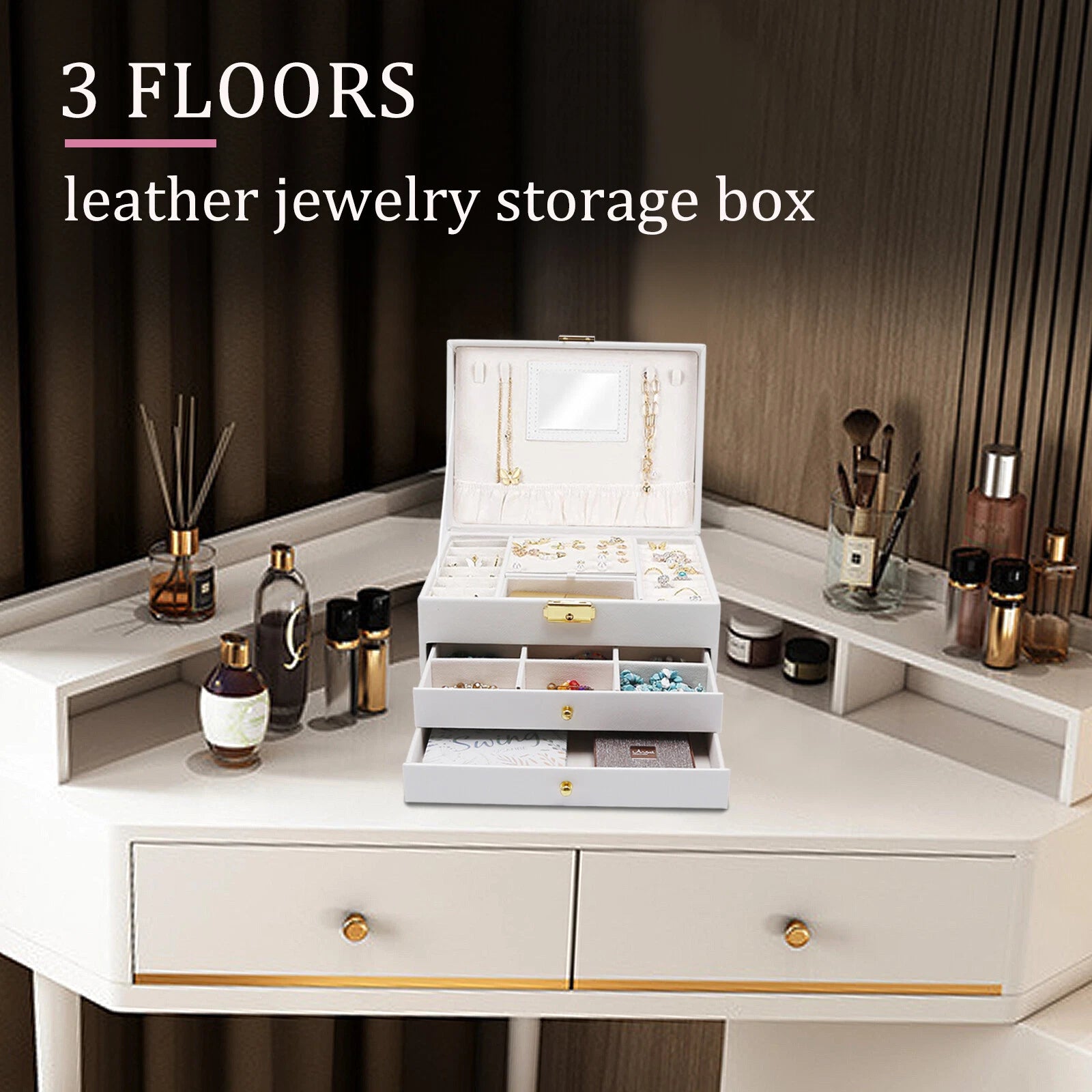 Leather Ring & Necklace Storage Box - 3 Compartments w/Mirror | eBay