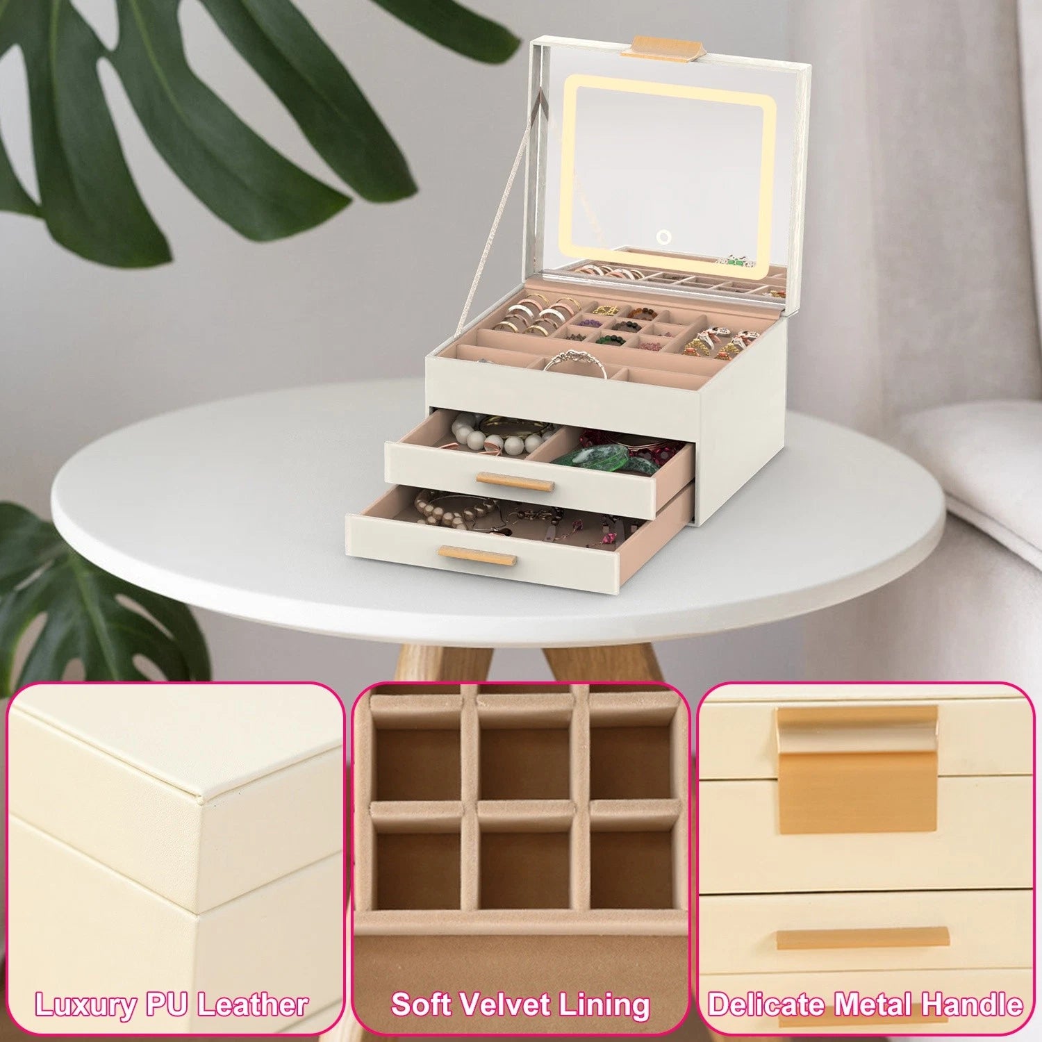 3-Layer Jewelry Box w/ LED Mirror - Leather Storage Case 3 Color Dimmable Lights | eBay