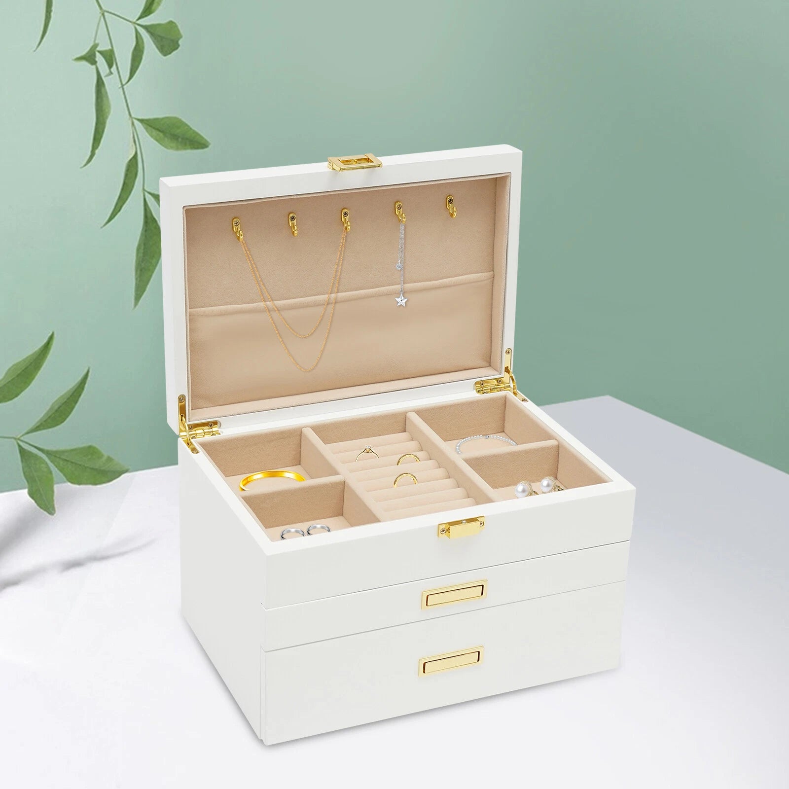 Large Wooden Jewelry Storage Box White 3 Layers Organizer 2 Drawers Cabinet 28CM | eBay