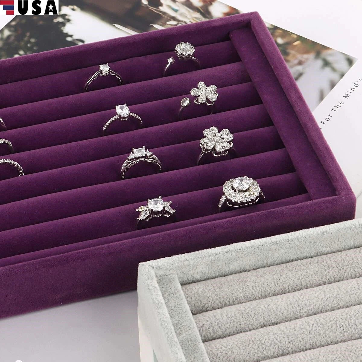 Velvet Jewelry Ring Display Organizer Tray Holder Box Earring Storage Case Slots | eBay