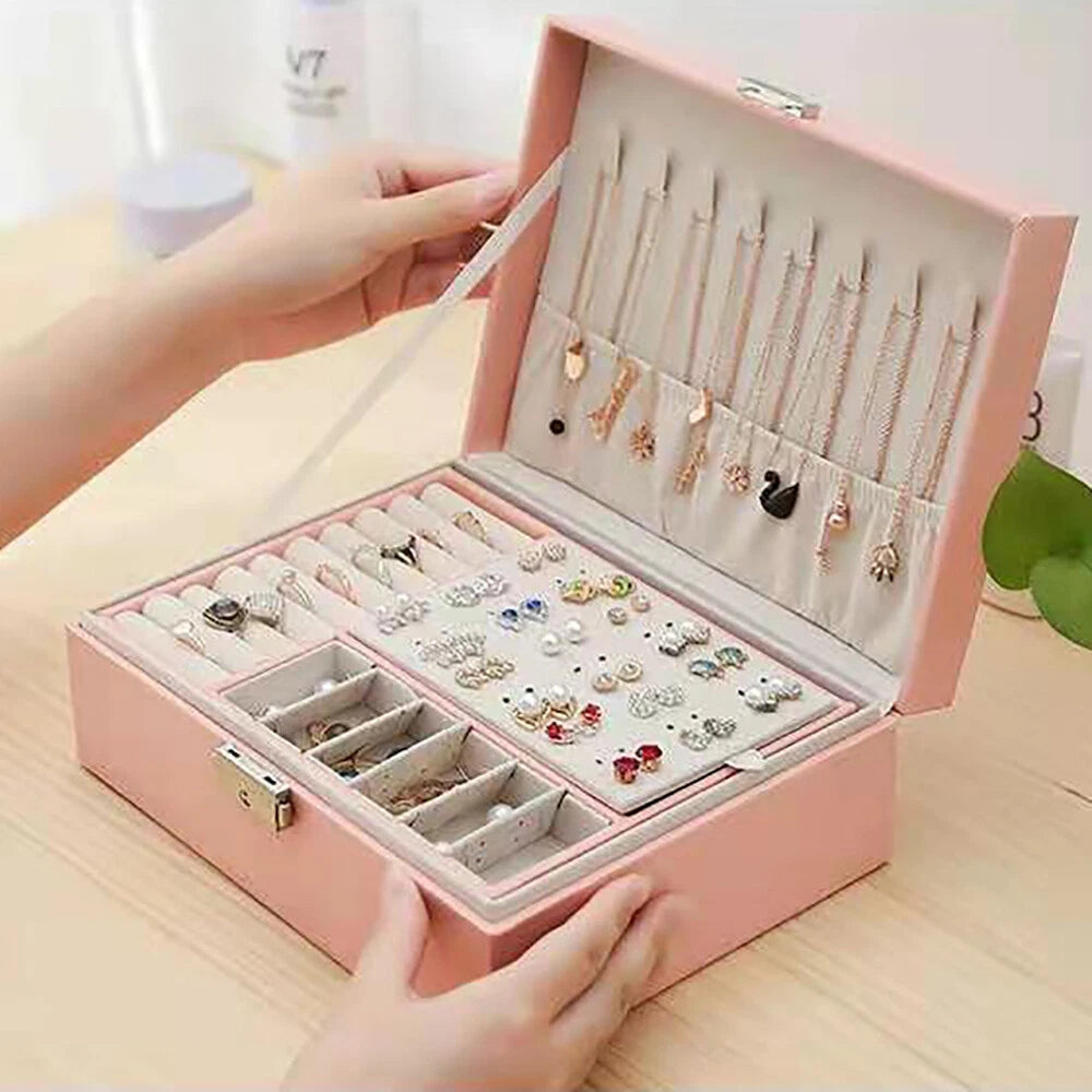 2-layer Storage Box Pink pu Leather Exquisite Jewelry Box For Necklaces Rings US | eBay