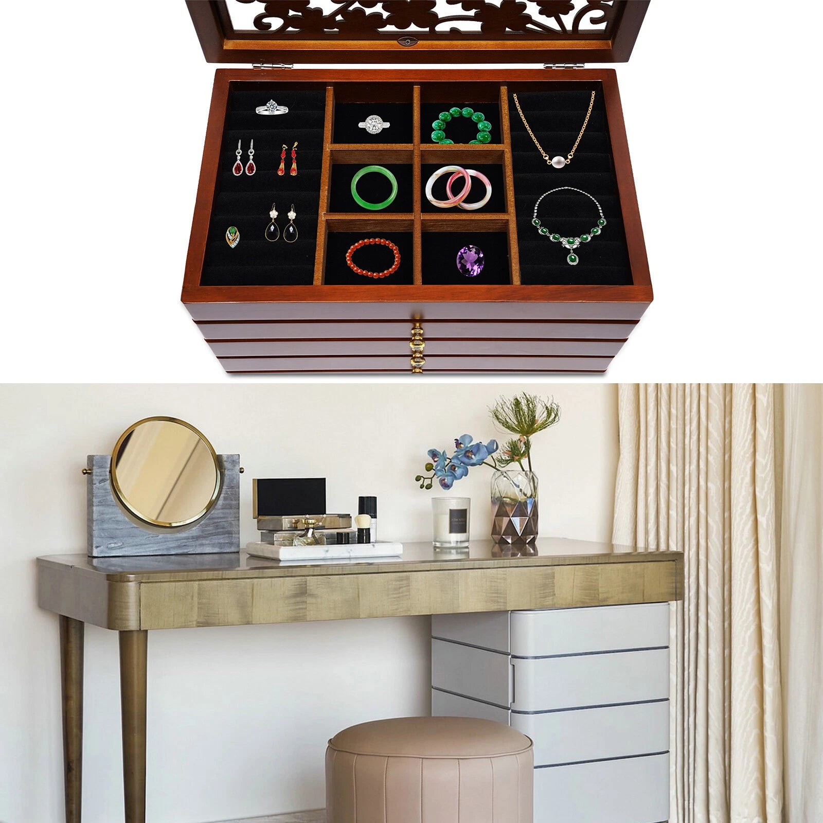 6 Layers Vintage Jewelry Storage Wood Box Organizer Necklace Cabinet Brown | eBay