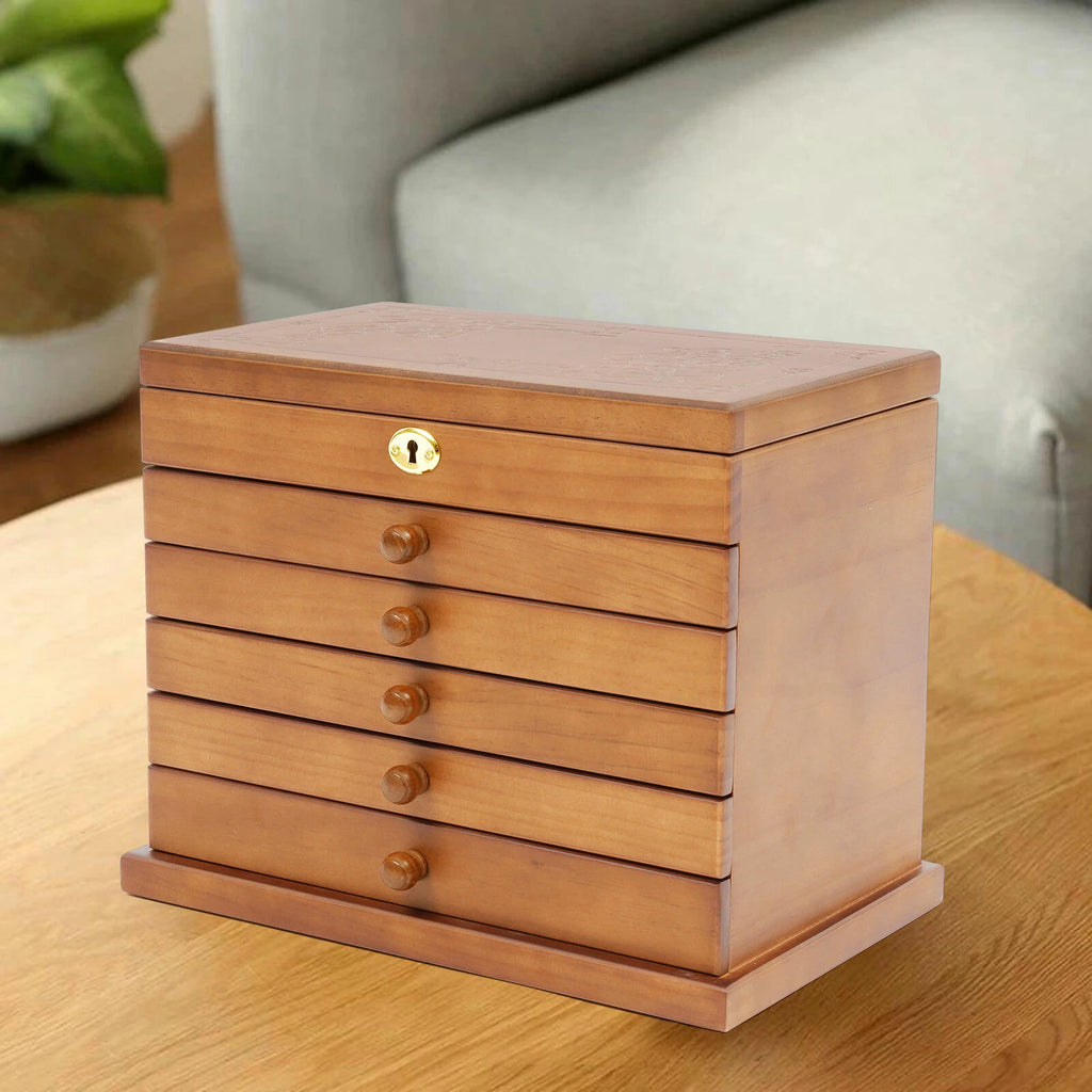 6 Layers Jewelry Box w/ Lock + Mirror Four-Leaf Carved Top Velvet Cabinet Case | eBay